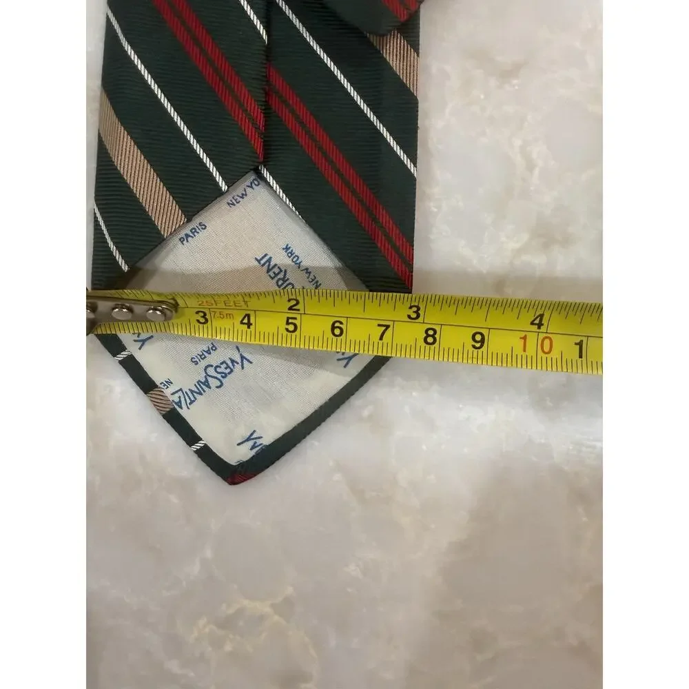 Yves Saint Laurent Men's Striped Woven Silk Tie Green Red Beige White Classic